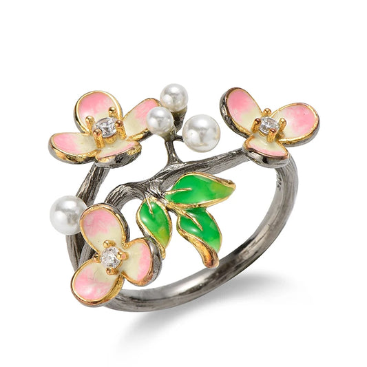 New Style Handmade Design Enamel Jewelry Women Flower Shape Luxury 925 Sterling Silver Ring