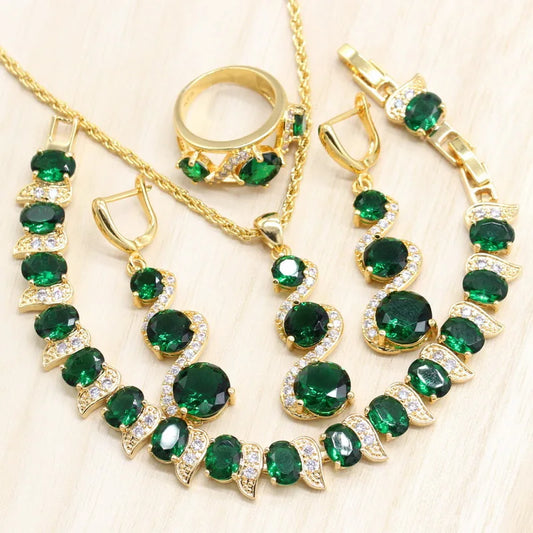 Gold Plated Women Wedding Jewelry Sets Green Stones Earrings Bracelet Pendant Necklace Ring Gift