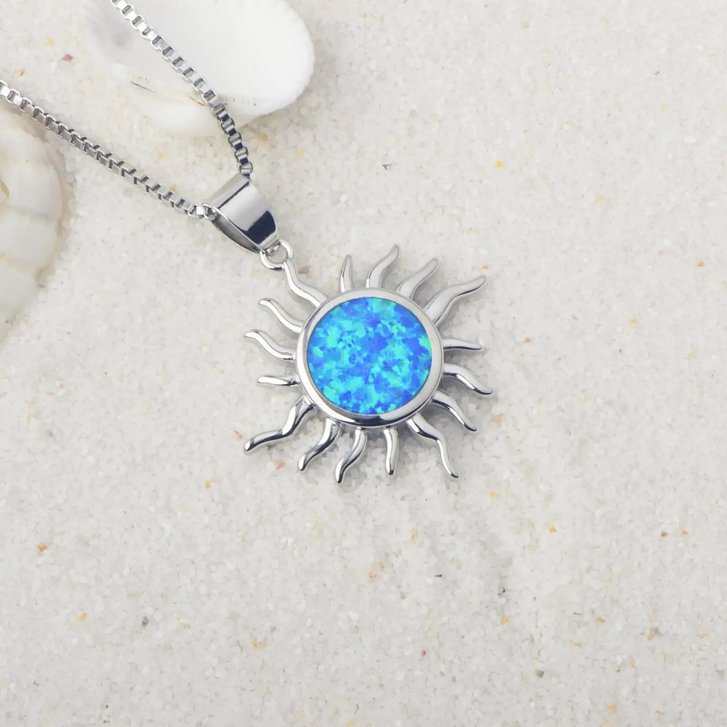 Aobao Christian Copper Silver Plated Minimalist Sun Pendant Opal Inlay Link Chain Sweater Necklace Gift Wholesale