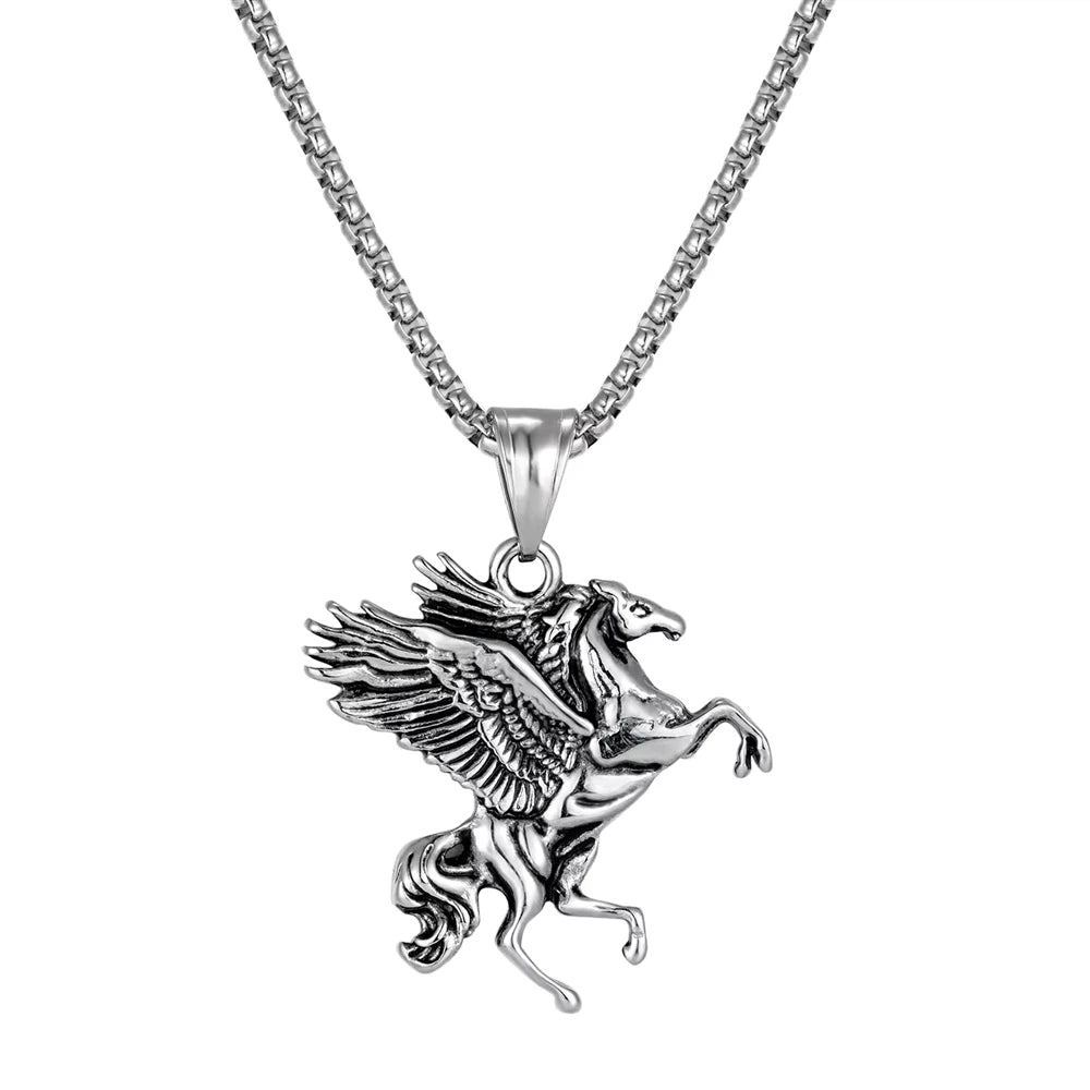 Hip Hop Punk Animal Horse Pegasus Wing Party Feather Stainless Steel Fashion Jewelry Pendant Necklaces for Men Wholesale