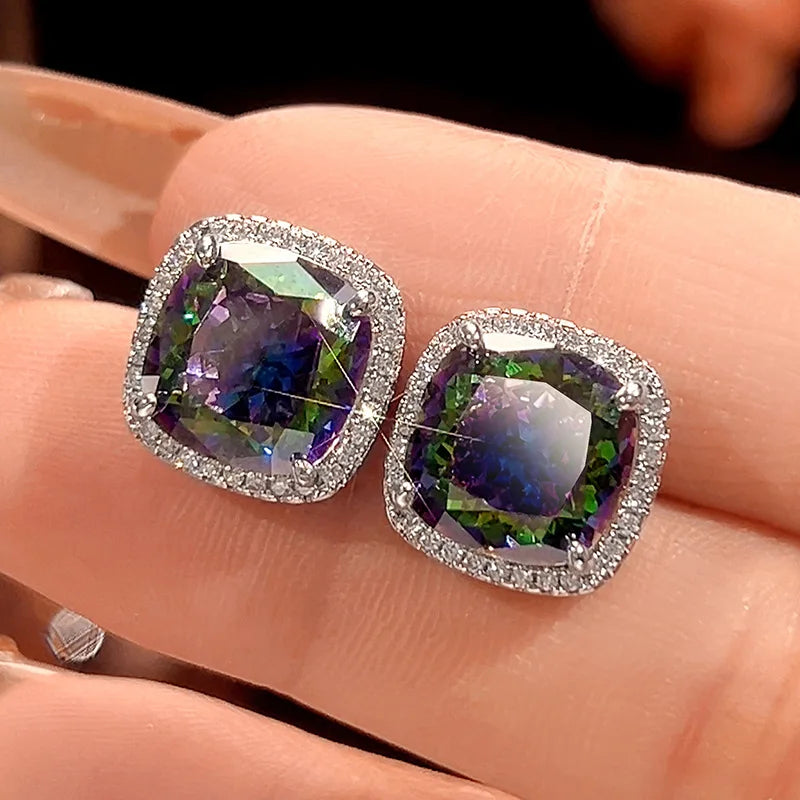 REDheart Square Full Zircon Rhodium Movable Opening Ring Simulation Bird's Nest Cut Seven Color Fashion Wedding Party Gift Pendant Set