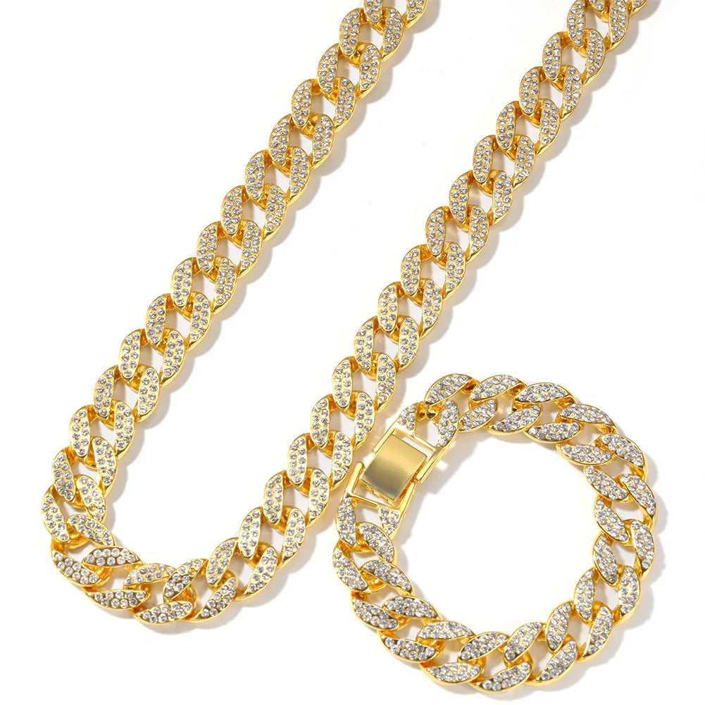 Classic Hip Hop Style 15mm Alloy Cuban Link Chain Set Geometric Rhinestone Crystal Rhodium Plated Trendy Beads for Anniversary