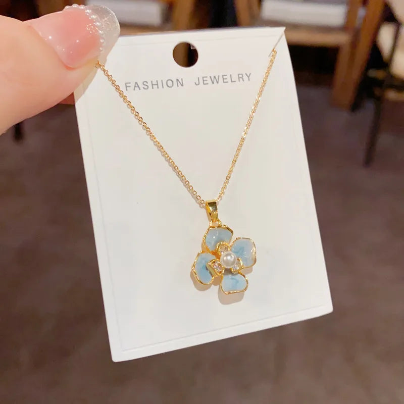 Top Quality Fashion Exquisite Blue Flower Necklace and Earrings Set with Pearl Classic Real Gold Plated Jewelry Set for Women
