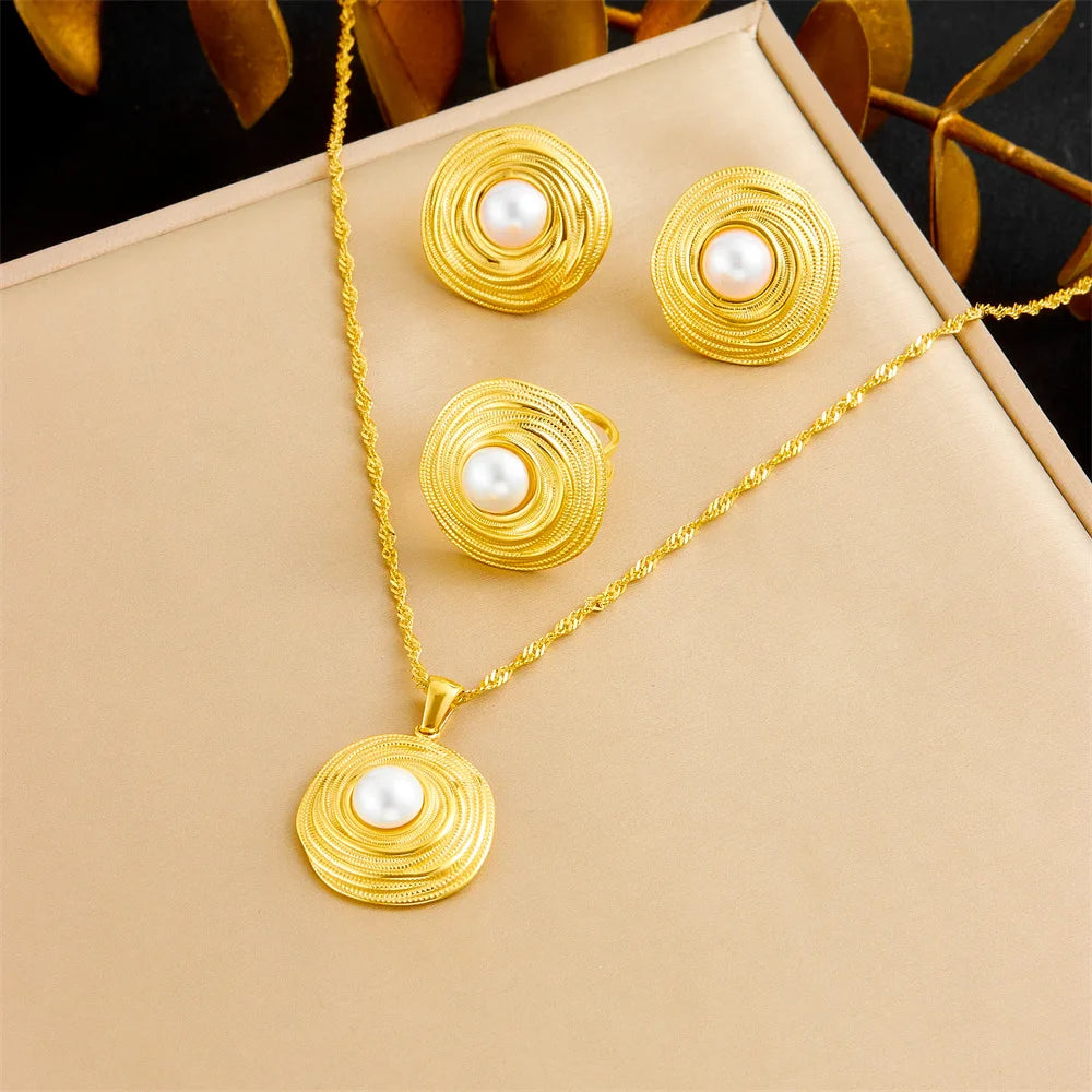 Gold Pearl Geometric Necklace, Earrings & Ring Jewellery Set | Luxury Fashion Set