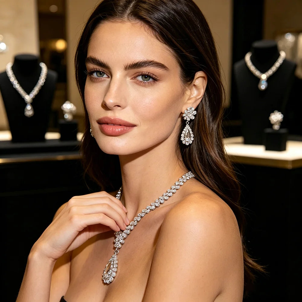 XM S388 Silver Plated Marquise Zircon Halo Teardrop Pendant Necklace & Drop Earrings Set