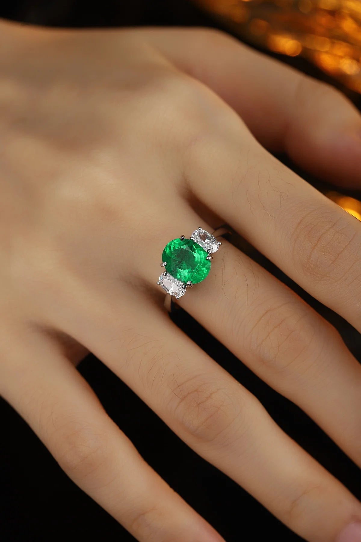 Gemfiori Vintage 3 Stone Emerald Cut Lab Grown Emerald Engagement Ring Rhodium Plated 925 Silver for Women Gift Party Wedding