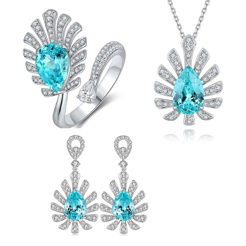 Gemfiori Exquisite 3PCS/Set Luxury Lab Grown Paraiba Bridal Jewelry Ring Necklace Earrings Fine Jewelry Sets for Engagement Wedding Party