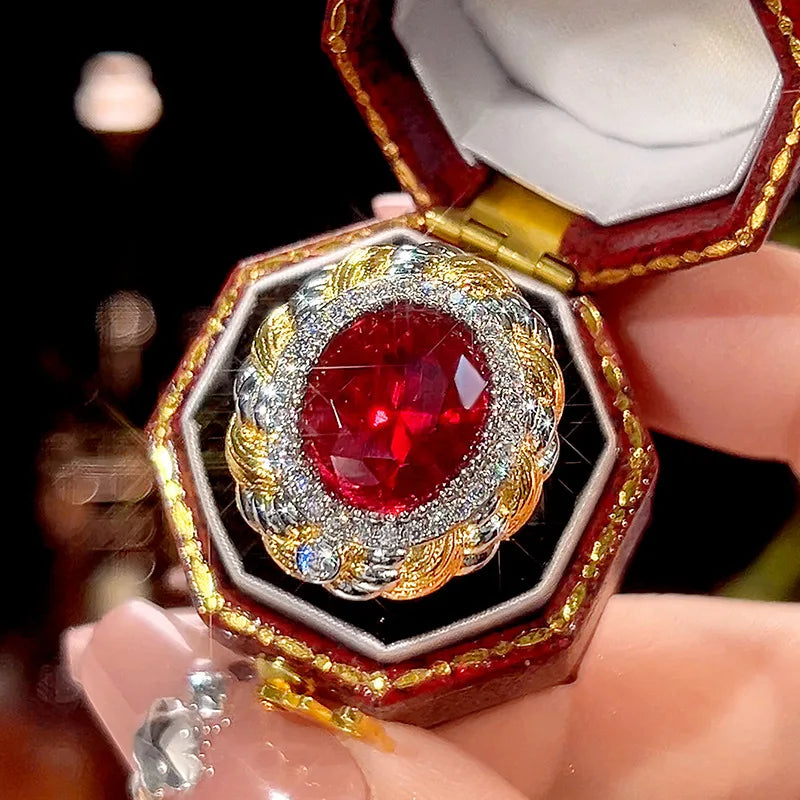 Gemfiori Fashionable Oval Red Blue Zircon Pendant Retro Wedding Bride Engagement Jewelry Set