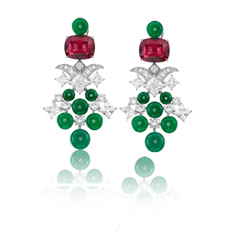 Women's High-end Red and Green Evening High-end Jewelry Set Inlaid with Zircon, Durable Brass Material, Non Oxidizing Banquet