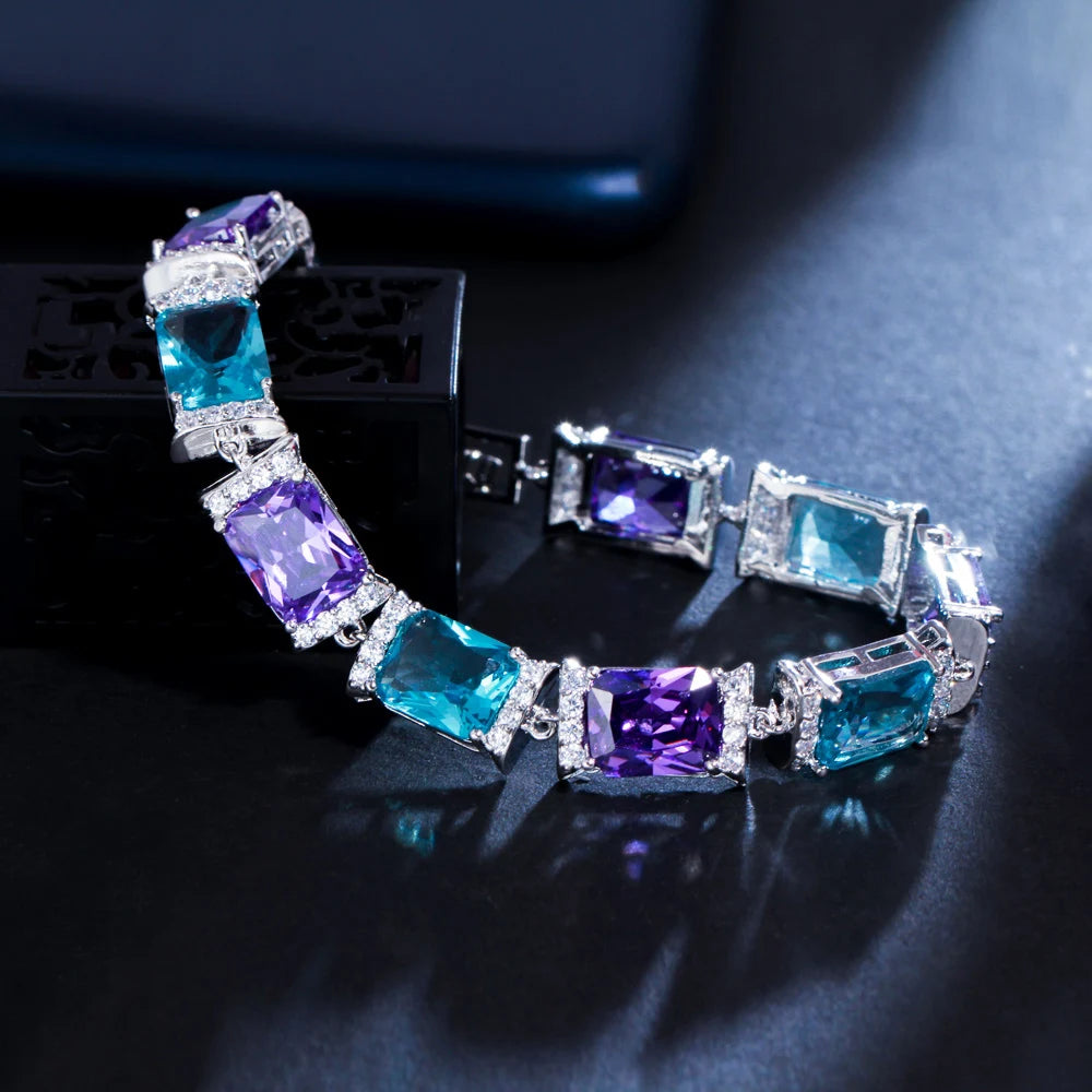 S&S Rectangle CZ Luxury Tennis Bracelet – Purple & Blue – White Gold Plated – Collection