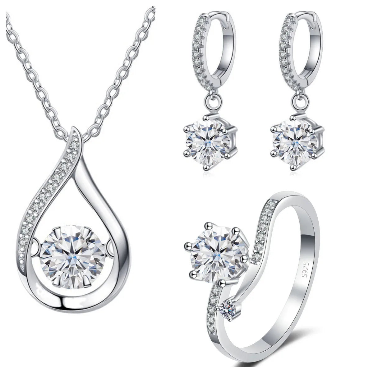 S&S 925 Silver 1CT VVS Moissanite Jewellery Set | Water Drop Necklace, Earrings & Ring | 20 Colours