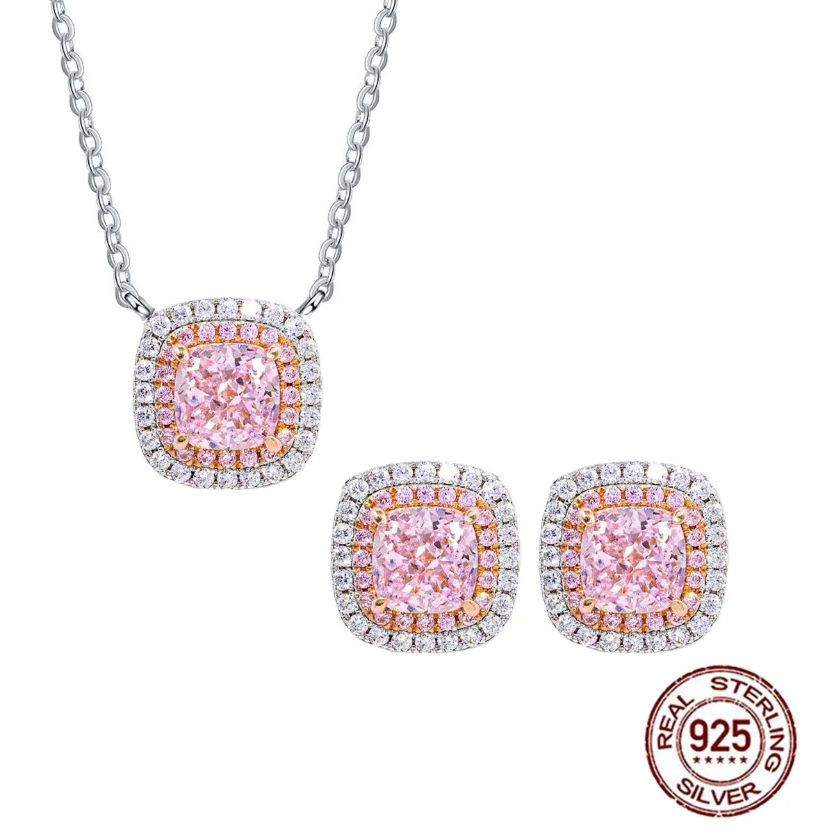 2 Tones Plated Pendant Necklace and Earrings S925 Sterling Silver Jewelry Pink Color Cubic Zircon Jewelry Set for Mothers Day