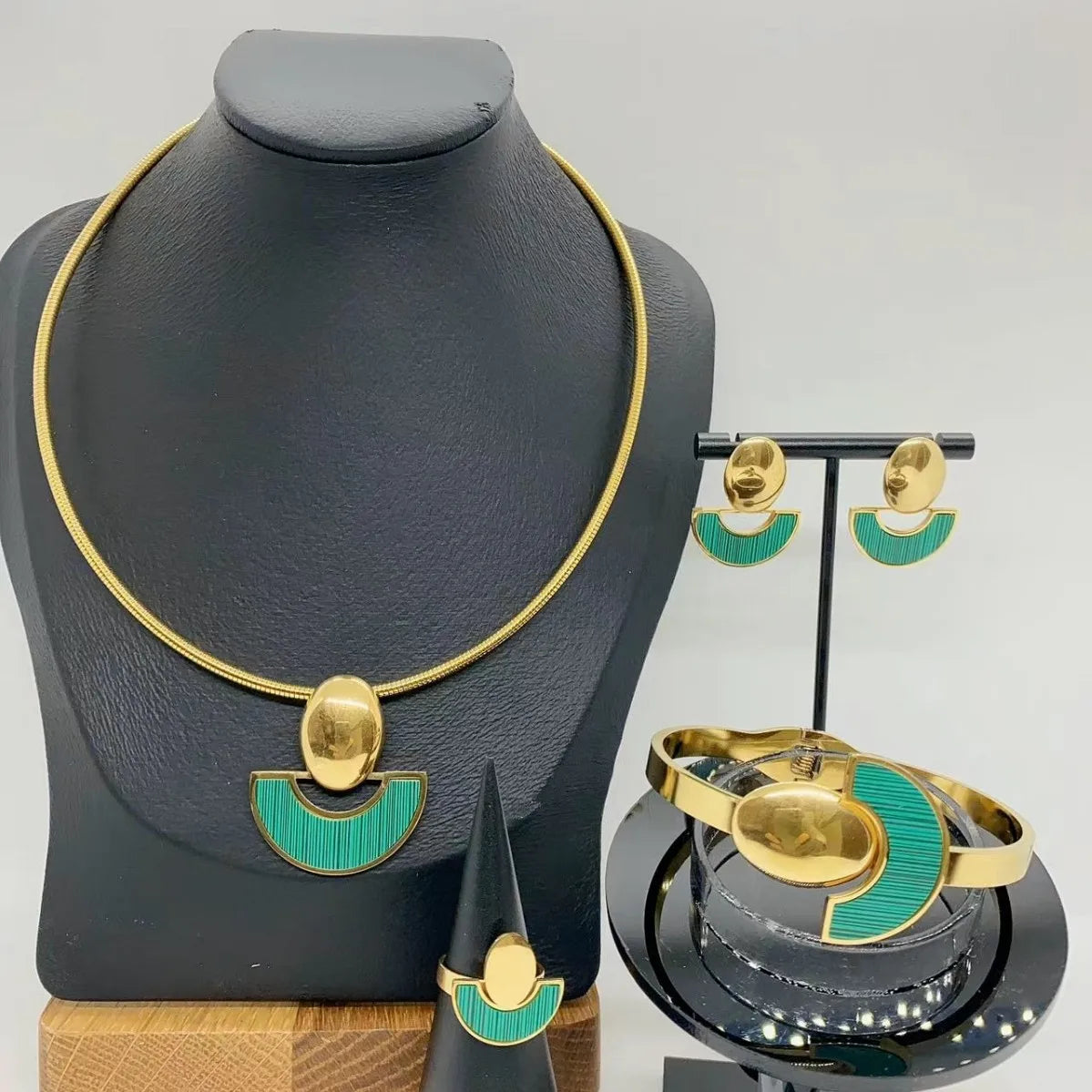 Pearl Choker & Enamel Oil Drop Earrings Jewellery Set | Half-Circle Stainless Steel Fashion Set