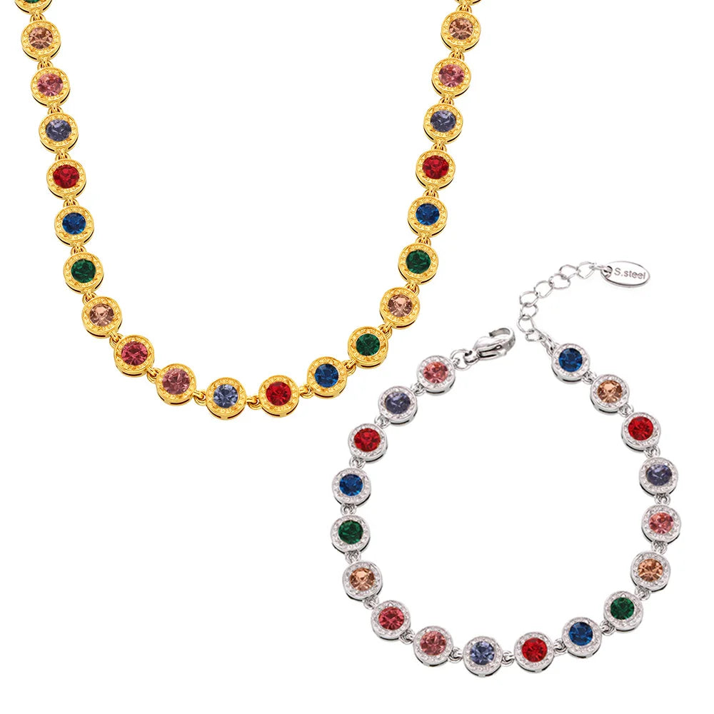 REDheart New Stainless Steel Full Drill 3A Zircon Mixed Color Bracelet PVD Vacuum Electroplating Does Not Fade Necklace Jewelry Set