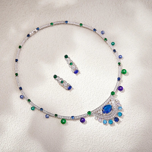 Gradient Blue Bead Necklace Earring Set Zirconia High Quality Brass Jewelry Fashion Sexy Women's Gift