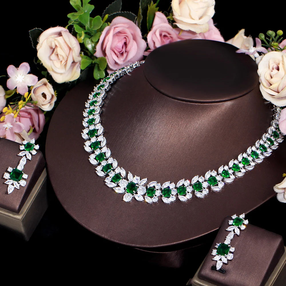 Luxurious Elegant Green Square Cubic Zirconia Big Women Wedding Event Costume Necklace Earrings Jewelry Sets for Brides