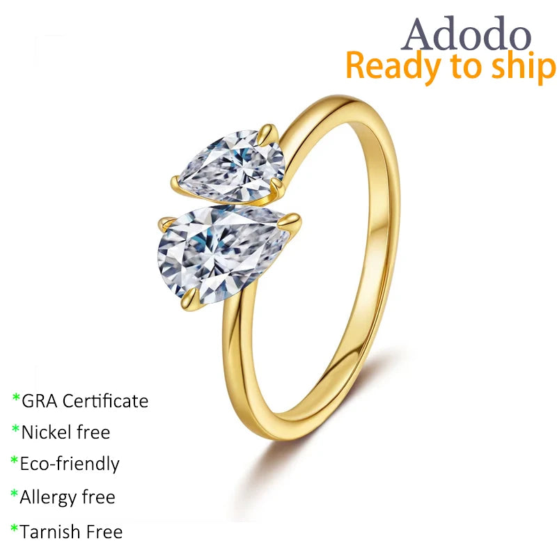 Simple Fashion Women's Pear Cut 1.5CT 2pcs Diamond VVS GRA Moissanite Fine Rings Jewelry 925 Silver Gold Plated Toi Et Moi Rings