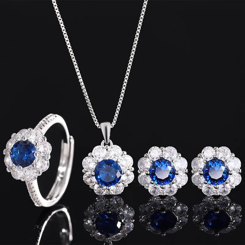 Gemfiori Korean Jewelry Natural Blue Zircon Pendant Egg Shaped Flower Fresh Sweet and Fashionable Set