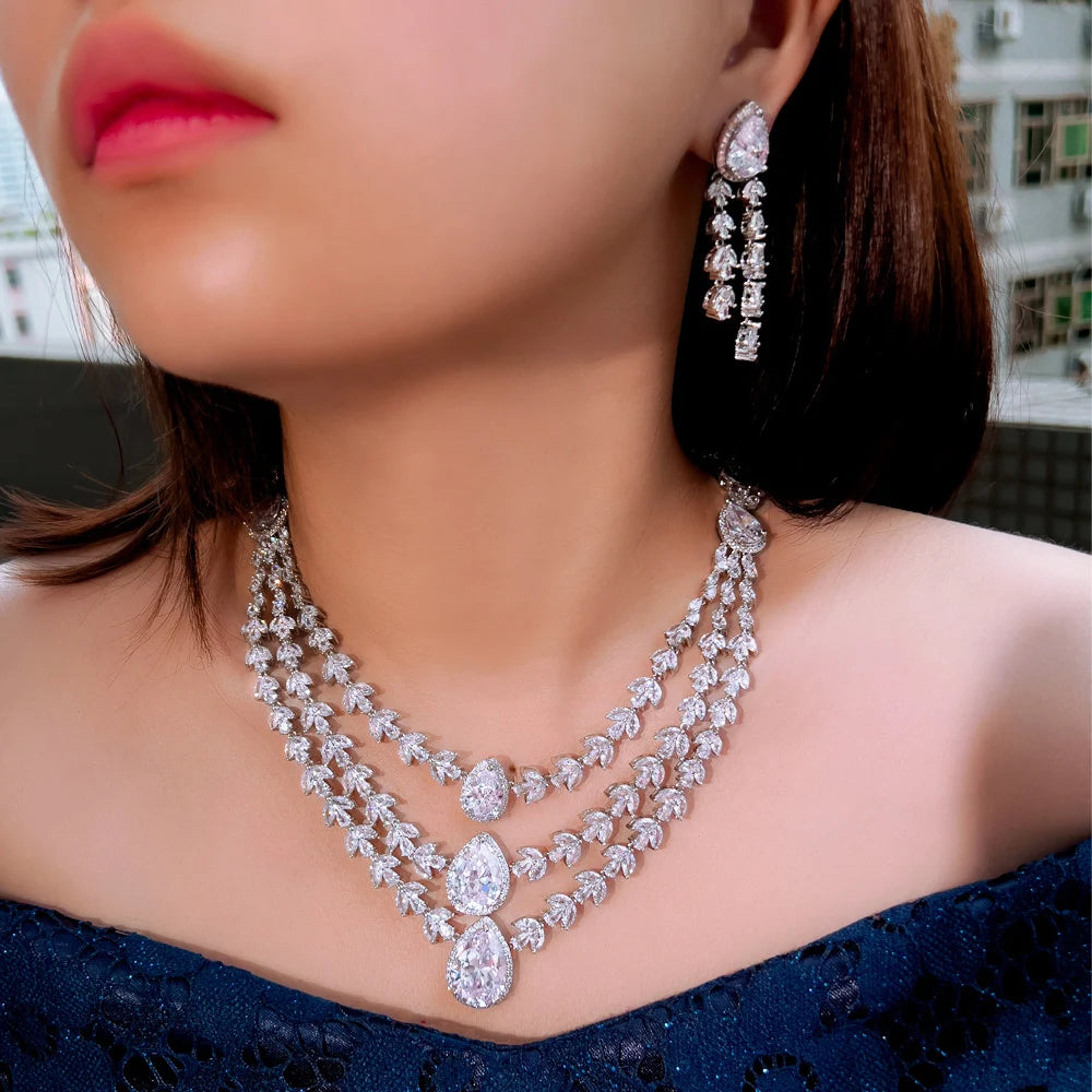 Shiny White Zirconia Water Drop 3 Layers Luxury Leaf Necklace and Earrings Wedding Bridal Big Jewelry Set for Women Party Wear