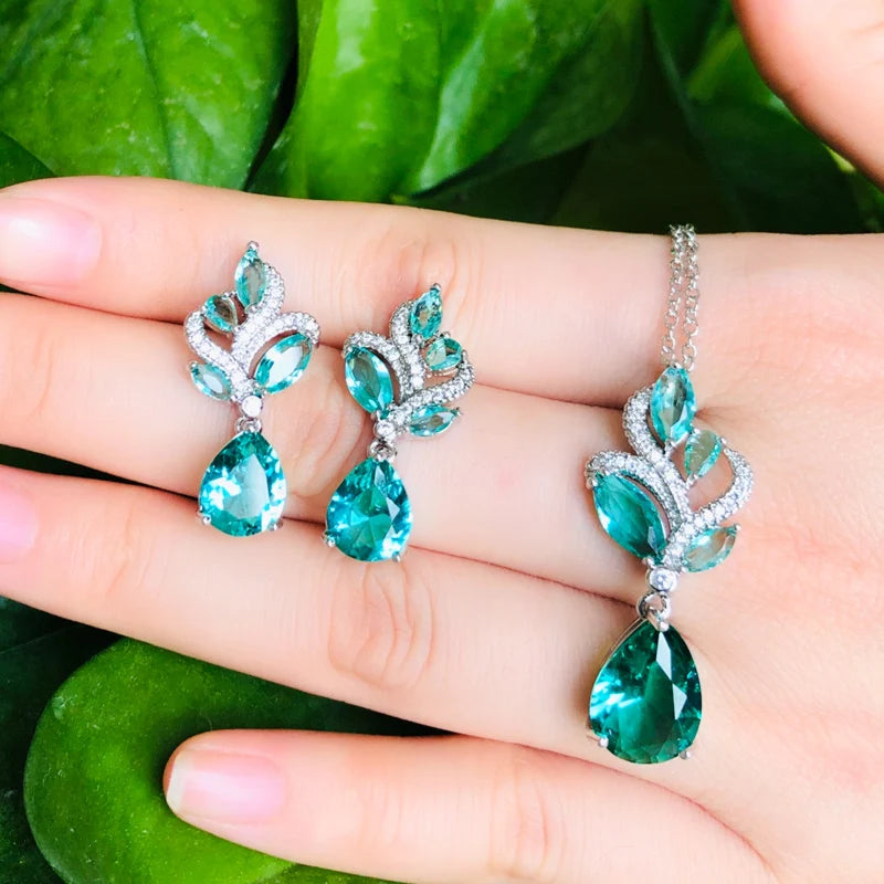 S&S Green CZ Waterdrop Leaf Pendant Jewellery Set – Necklace & Earrings – Collection
