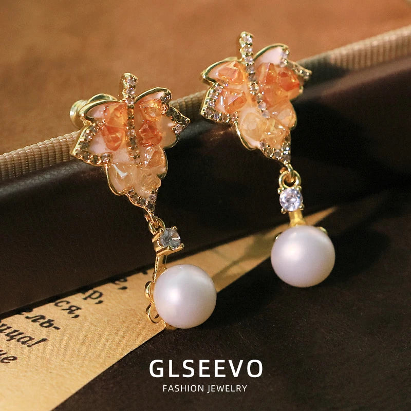 Natural Freshwater Pearl Leaf-Shaped Zircon Crystals Pendant Earrings Fashion New Design Earrings for Women'S Jewellery GE1751