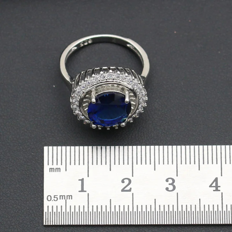 XOTICA Silver 925 Women's Wedding Jewelry Set with Circular Royal Blue Zircon Earrings Necklace Pendant Ring Bracelet Halloween Gift