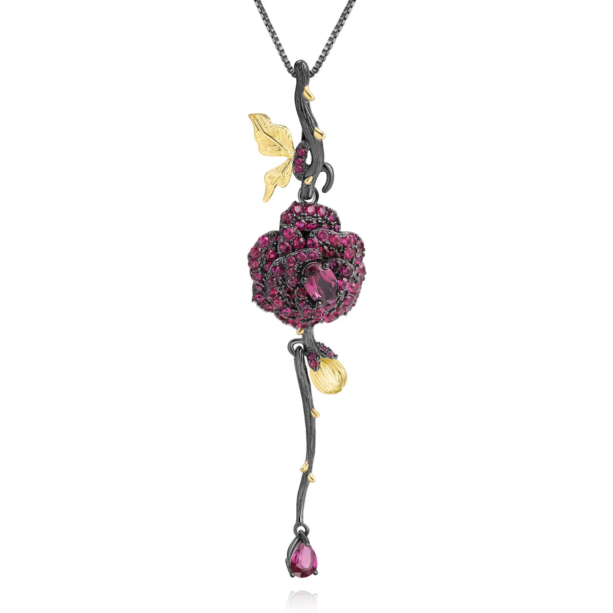 ArtistA Abiding Shield Natural Rhodolite Garnet Gemstone Flower 925 Sterling Silver Long Necklace Women Jewelry for Wedding