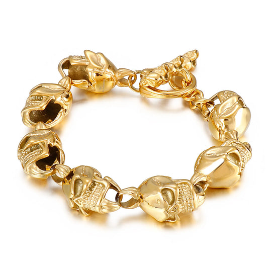 KALEN Punk Skeleton Hand Charm 18K Gold Plated Stainless Steel Bracelet for Men