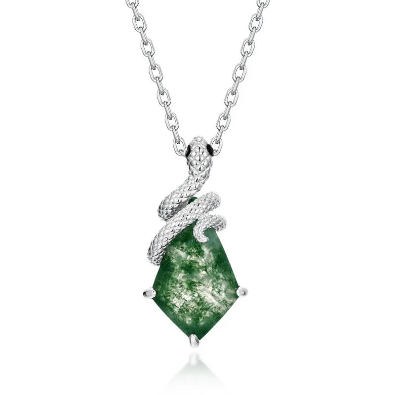 REDheart Exclusive Spirit Snake Natural Green Moss Stone Pendant S925 Silver Necklace Fashion Clavicle Necklace for Women