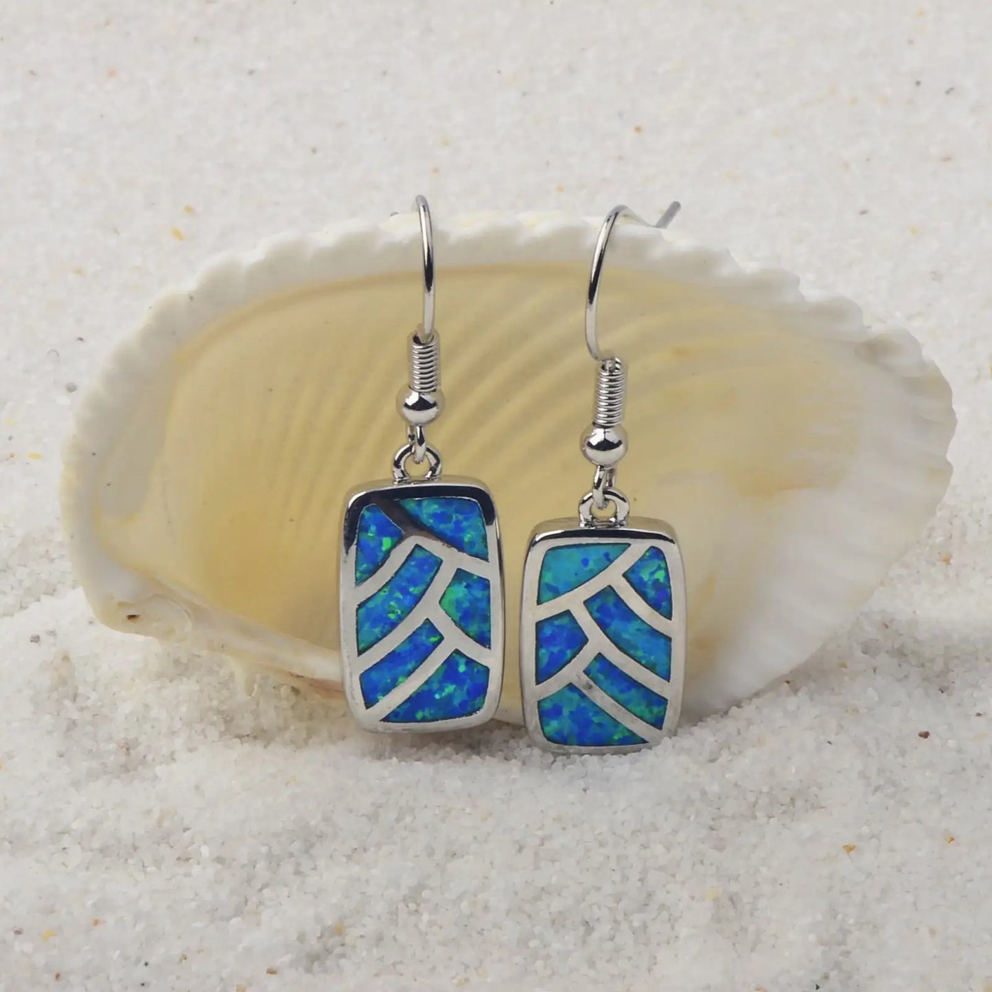 Leaf-Pattern Opal Drop Earrings - Blue Fire Opal Inlaid Rectangular Frame Design | Nature-Chic Daily Jewelry Bulk Gifts