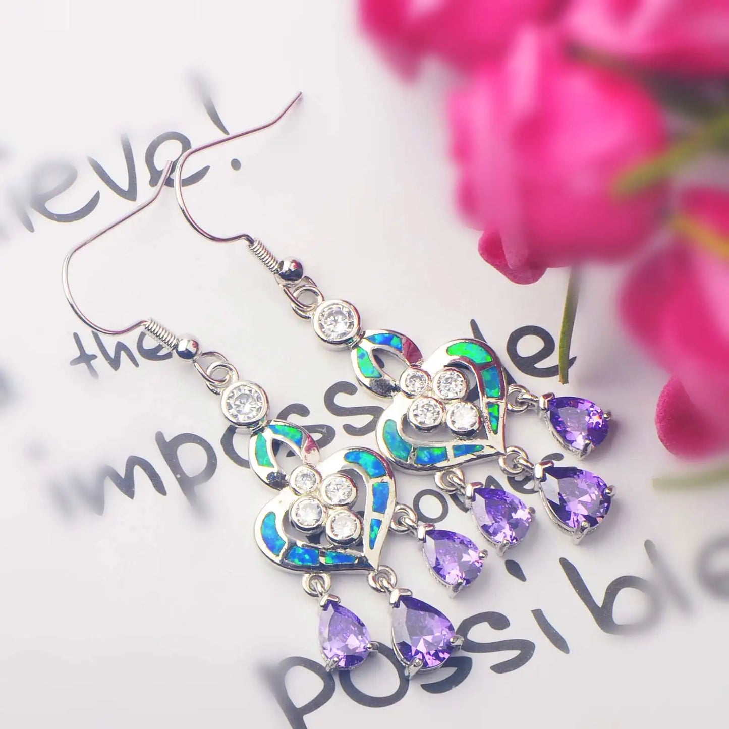 Ornate Heart Opal & Amethyst Drop Earrings - Blue Opal Inlay & Purple Gem Tassels | Glam Party Jewelry Bulk Gifts
