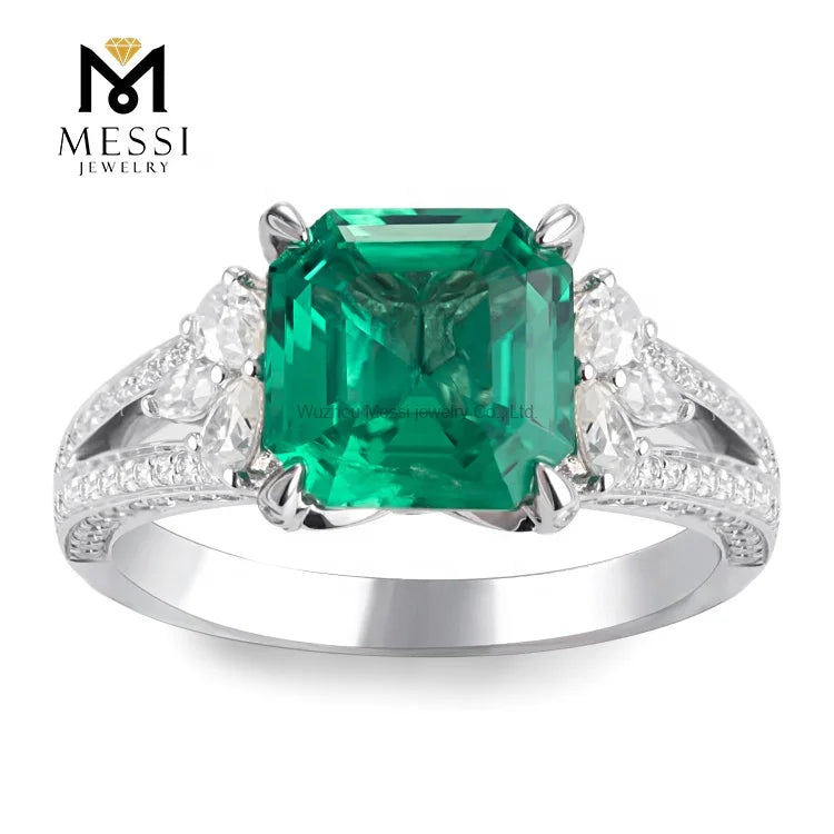 Gemfiori MS-230 Messi Jewelry Price 18k White Gold 3 Carat Asscher Cut Lab Created Emerald Engagement Ring