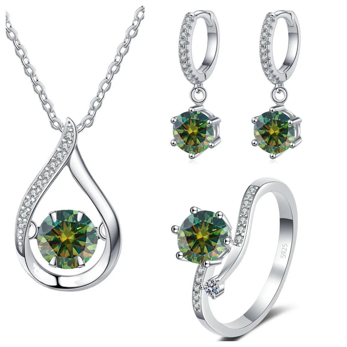 S&S 925 Silver 1CT VVS Moissanite Jewellery Set | Water Drop Necklace, Earrings & Ring | 20 Colours