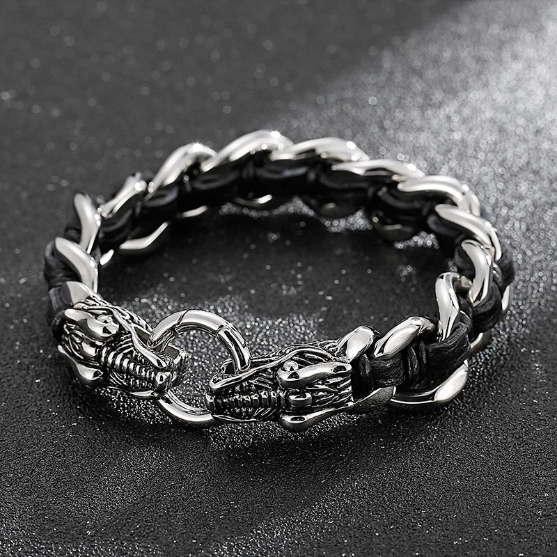REBEL Fashion Mens Fashion Punk Stainless Steel Leather Dragon/Wolf Link Chain Bracelet