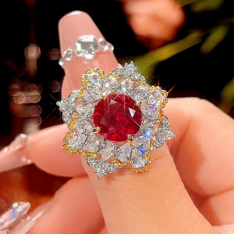 Gemfiori 2025 New Fashion Jewelry Shining Chinese Red Zircon Pendant Earrings and Rings Light Luxury Set Holiday Gift