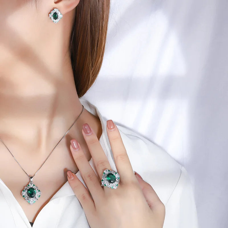 Gemfiori European and American Temperament Inlaid with Emerald Zircon Jewelry Fashionable Retro High-end Pendant Earrings Ring Set