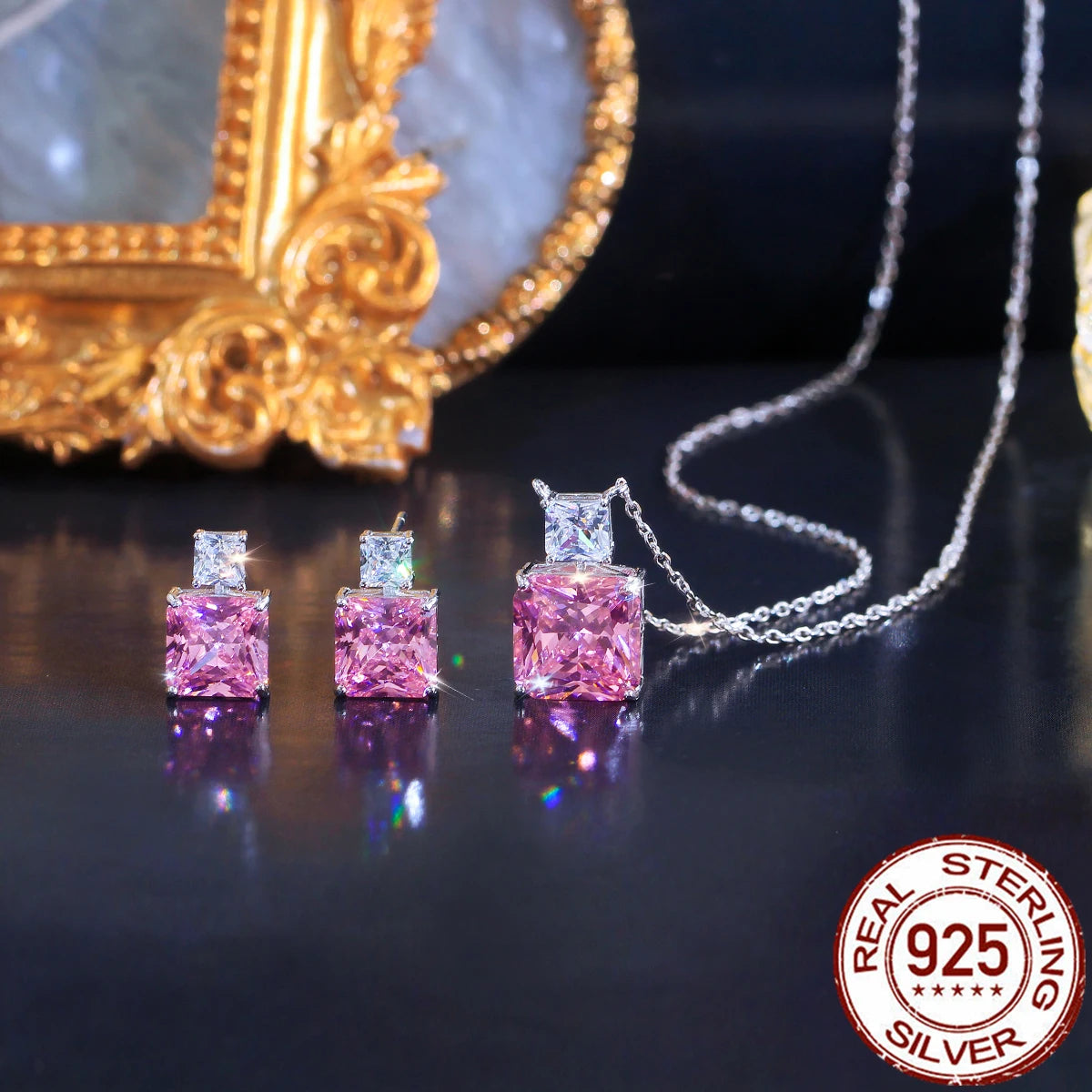 Elegant Fine Zirconia Jewelry Set 925 Sterling Silver Pink CZ Square Pendant Necklace Earrings Jewelry Set for Women Party Gifts