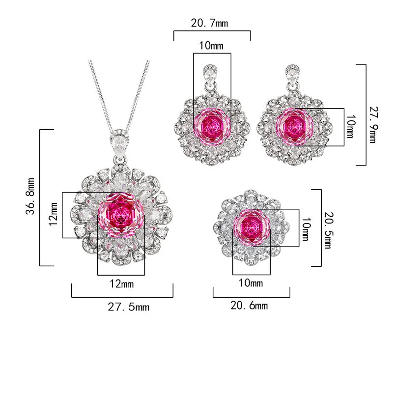 Gemfiori Italian Banquet Rose Versatile Wedding Luxury Shining Zircon Women's Set Necklace Earrings Rings Banquet Jewelry Accessories