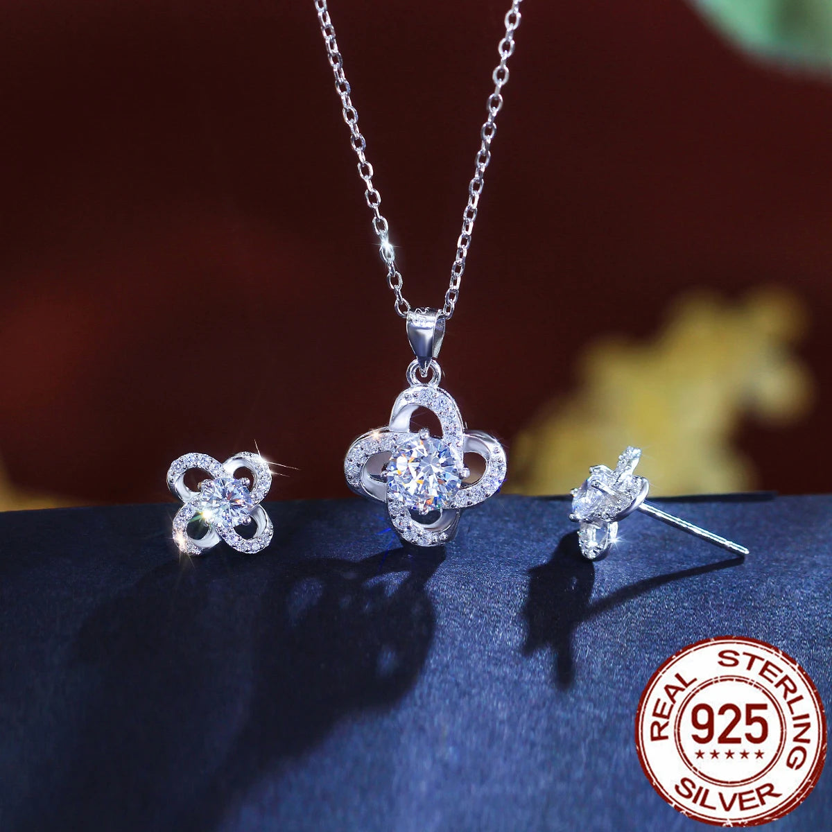 Stunning CZ Jewelry Set Round Zirconia Flower Stud Earrings Necklace Pendant 925 Sterling Silver Jewelry Set for Lady Daily Wear