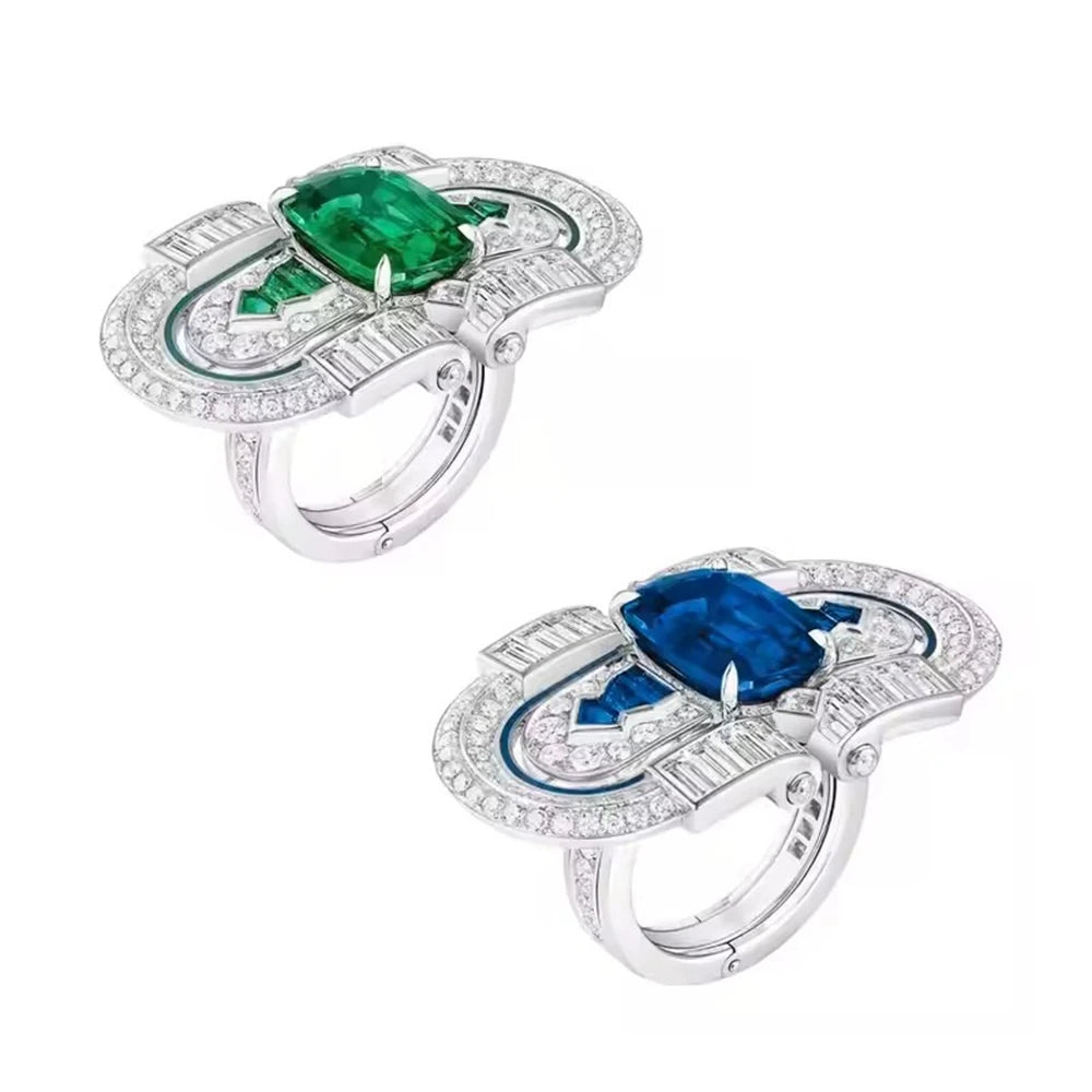 MuShan Jewelry Factory S925 Sterling Silver Ring Light Luxury Electroplated Gold High Carbon Diamond Jewelry in Green Wood