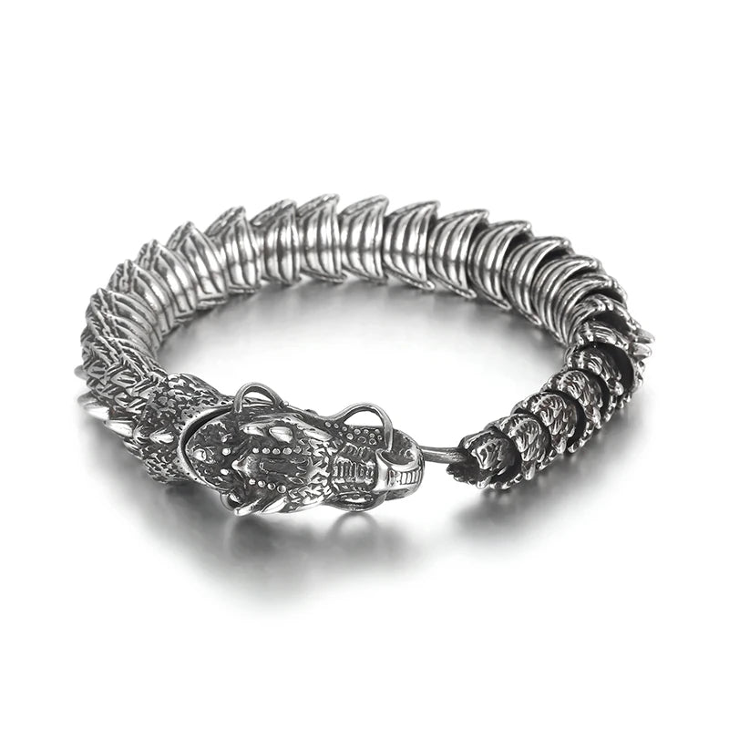 KALEN 210mm Men Punk Stainless Steel Links Bracelet With Vivid Chinese Dragon Head Clasp