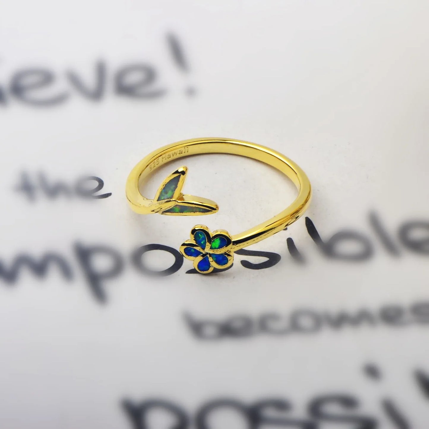 Floral & Leaf Open Ring | Blue/Iridescent Opal Inlay Gold-Plated Band | Dainty Nature-Inspired Fashion Jewelry for Women
