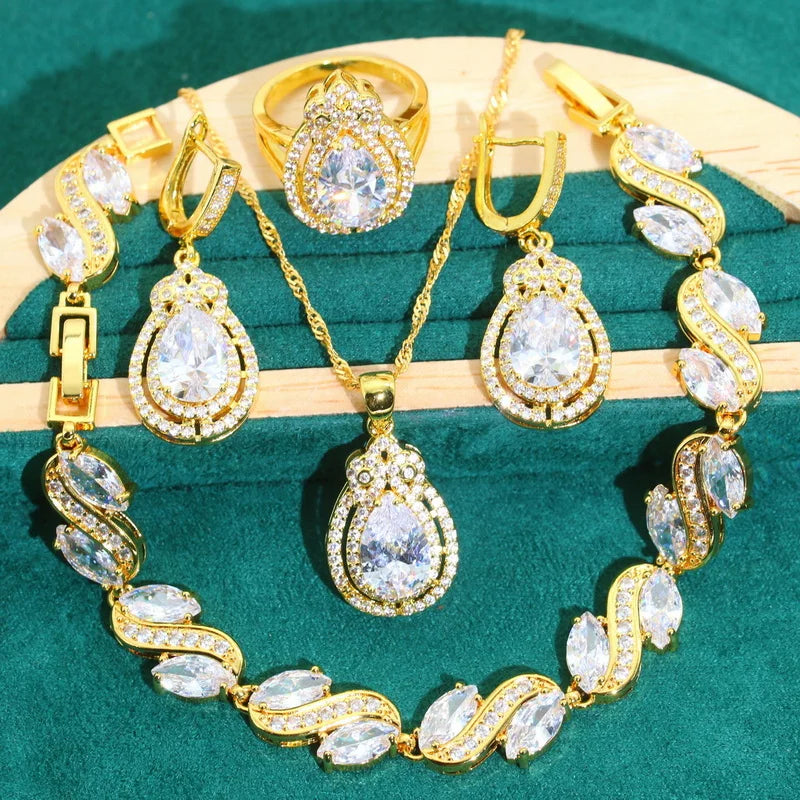XOTICA Blue Zircon Jewelry Set for Women Gold Color Earrings Necklace Pendant Ring for Party Wedding Great Birthday Gifts for Friends