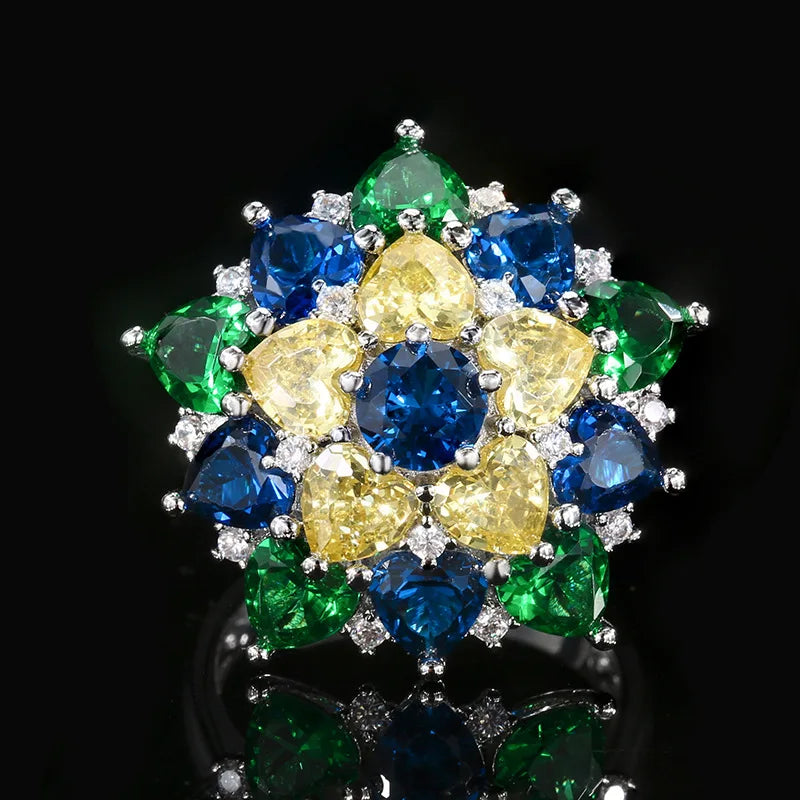 Gemfiori European and American Minimalist Zircon Earrings Necklace Ring Set Fashionable and Colorful Flower Design Jewelry