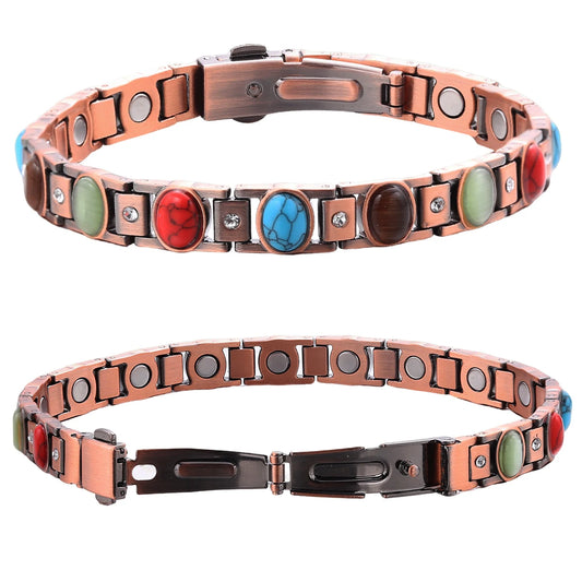 Turquoise Gemstone Arthritis Pain Relief 99.99% Pure Red Copper Magnetic Geometric Classic Chain Link Trendy Adjustable Bracelet