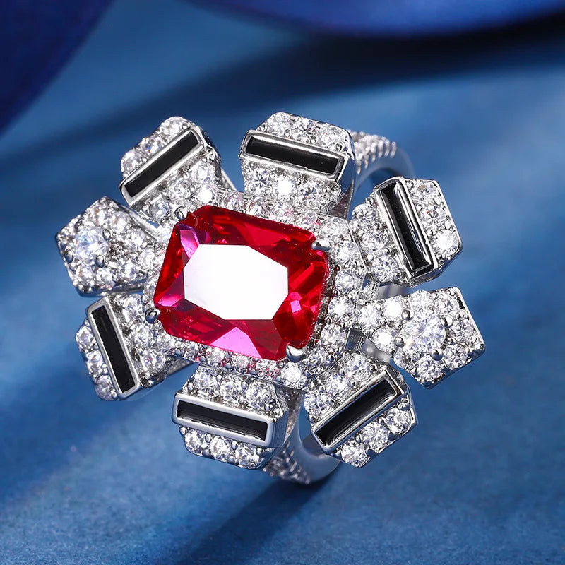 Gemfiori New High-end Design square Petal Pendant Ring Earrings Fashionable European and American Style Jewelry Set