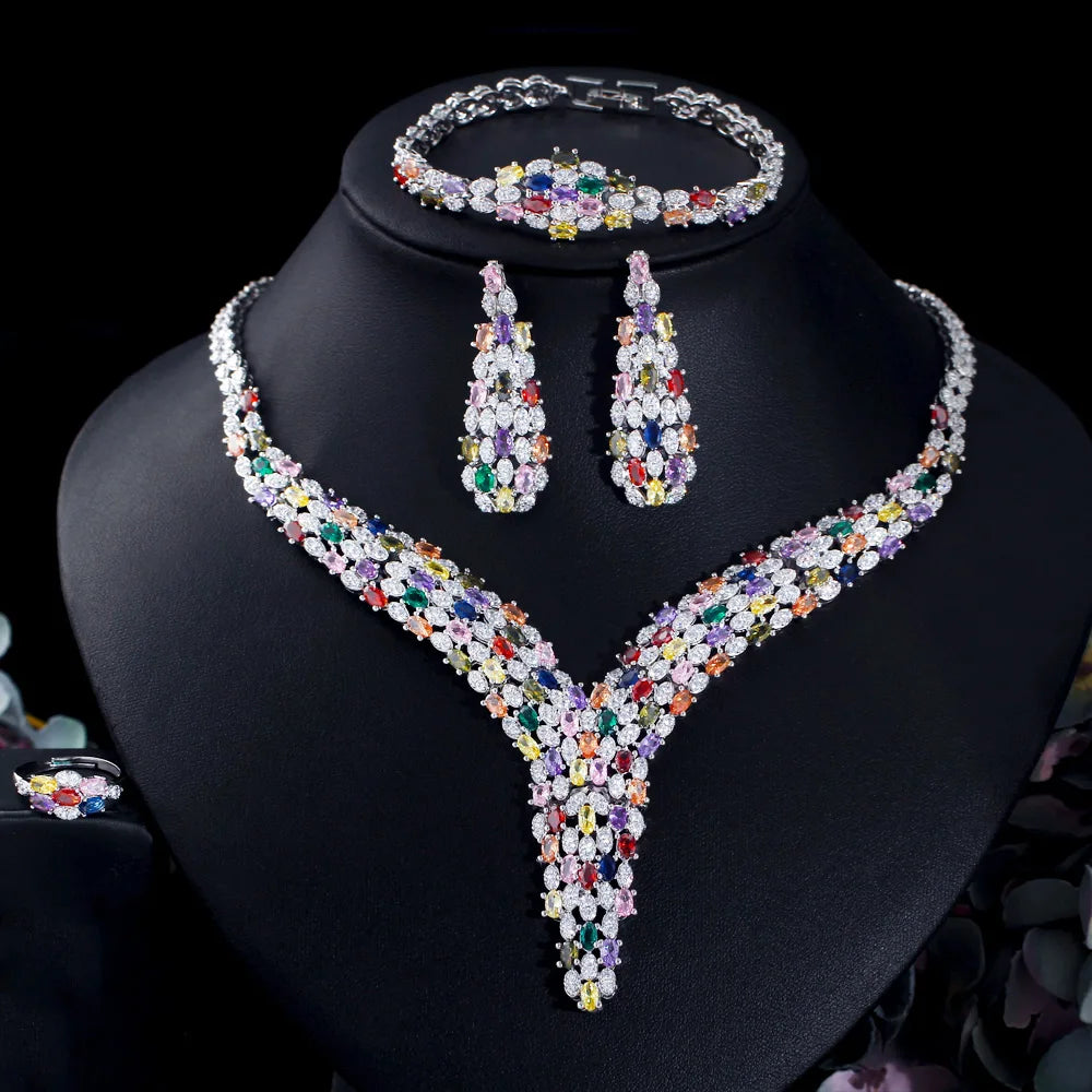 Cubic Zirconia Stone Heavy Work Multi Color Big Necklace Arabic Dubai Bridal Jewelry Set for Women Luxury Wedding Accessories