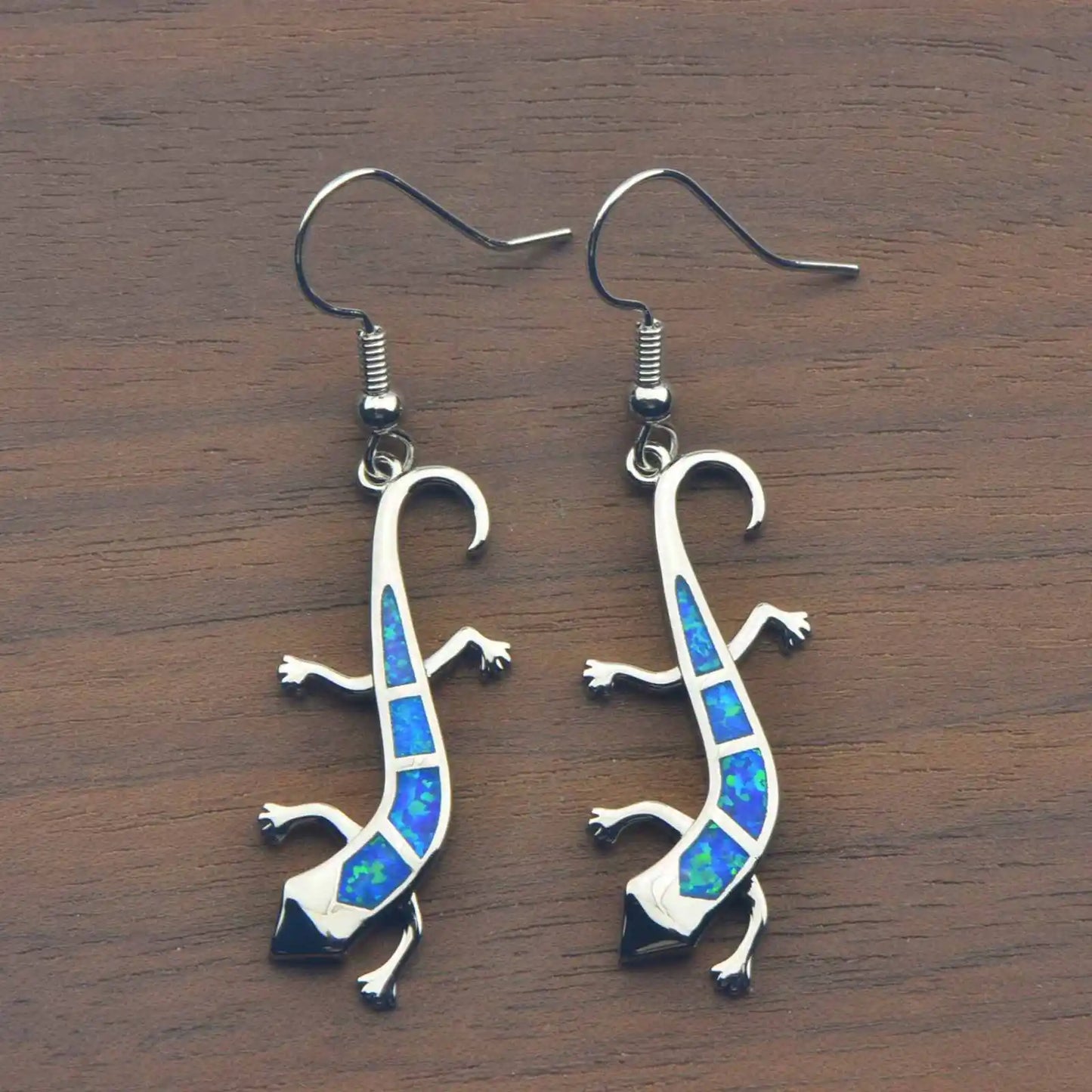 Geometric Opal Gecko Earrings - Blue Fire Opal Solitaire & CZ Accent Design | Elegant Formal Jewelry Bulk Gifts