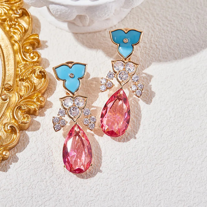 Luxury Full-Paved Pear-Cut Morganite Pink Zirconia Floral Pendant Necklace & Earrings Bridal Set — Gold Plated