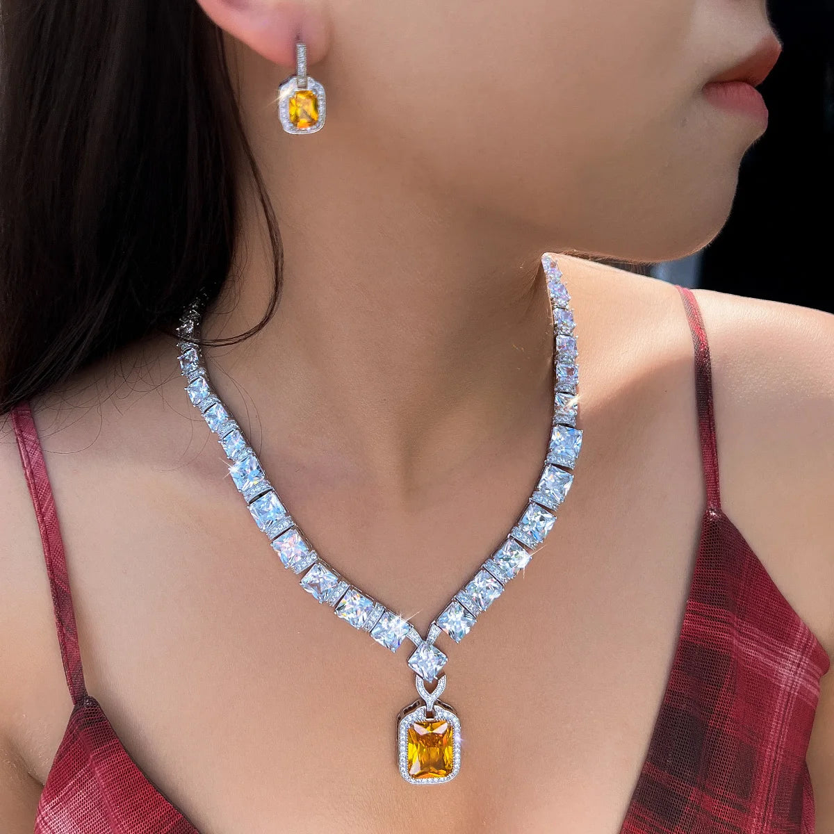 Supper Gorgeous Classy Big Square Yellow Cubic Zircon Arabic Bridal Luxury Party Wedding Jewelry Sets for Women